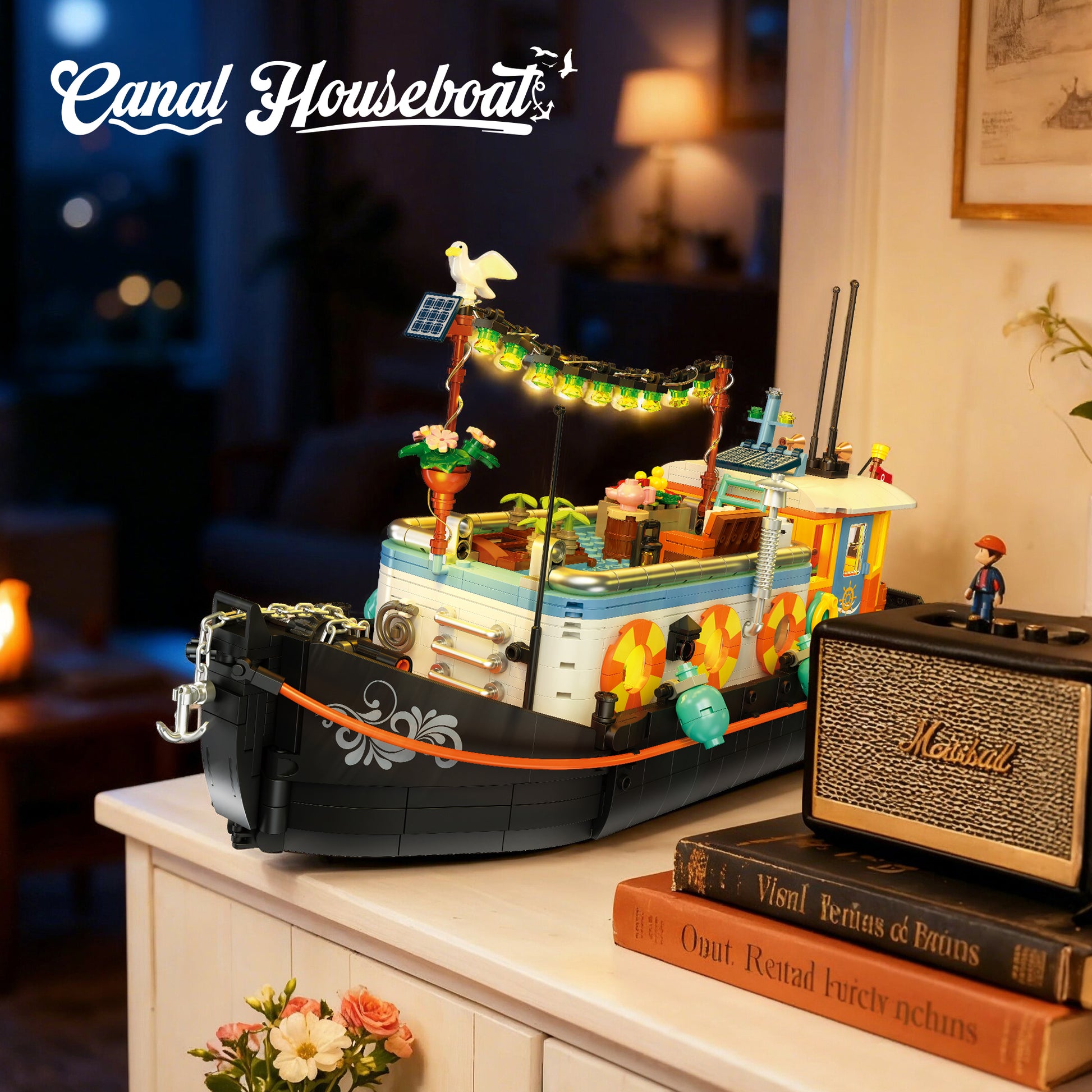 JIESTAR Canal Houseboat [Including Lighting Accessories] Built-In Ag3 Button Batteries * 3 Pieces Building Block Set - JJ9202-1-2.jpg