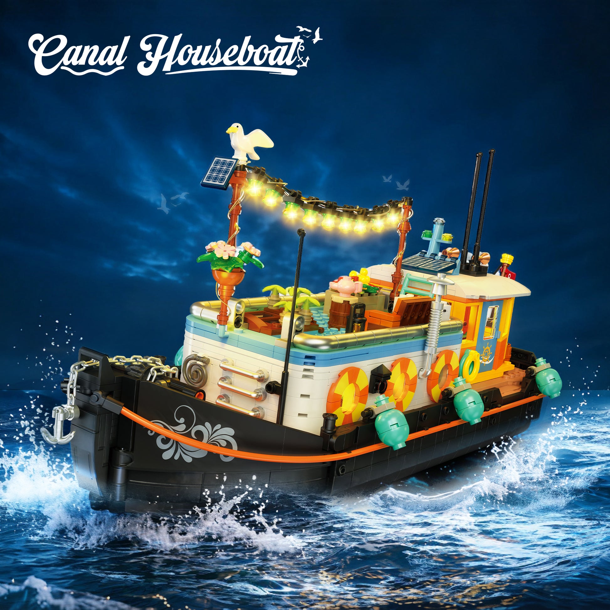 JIESTAR Canal Houseboat [Including Lighting Accessories] Built-In Ag3 Button Batteries * 3 Pieces Building Block Set - JJ9202-1.jpg