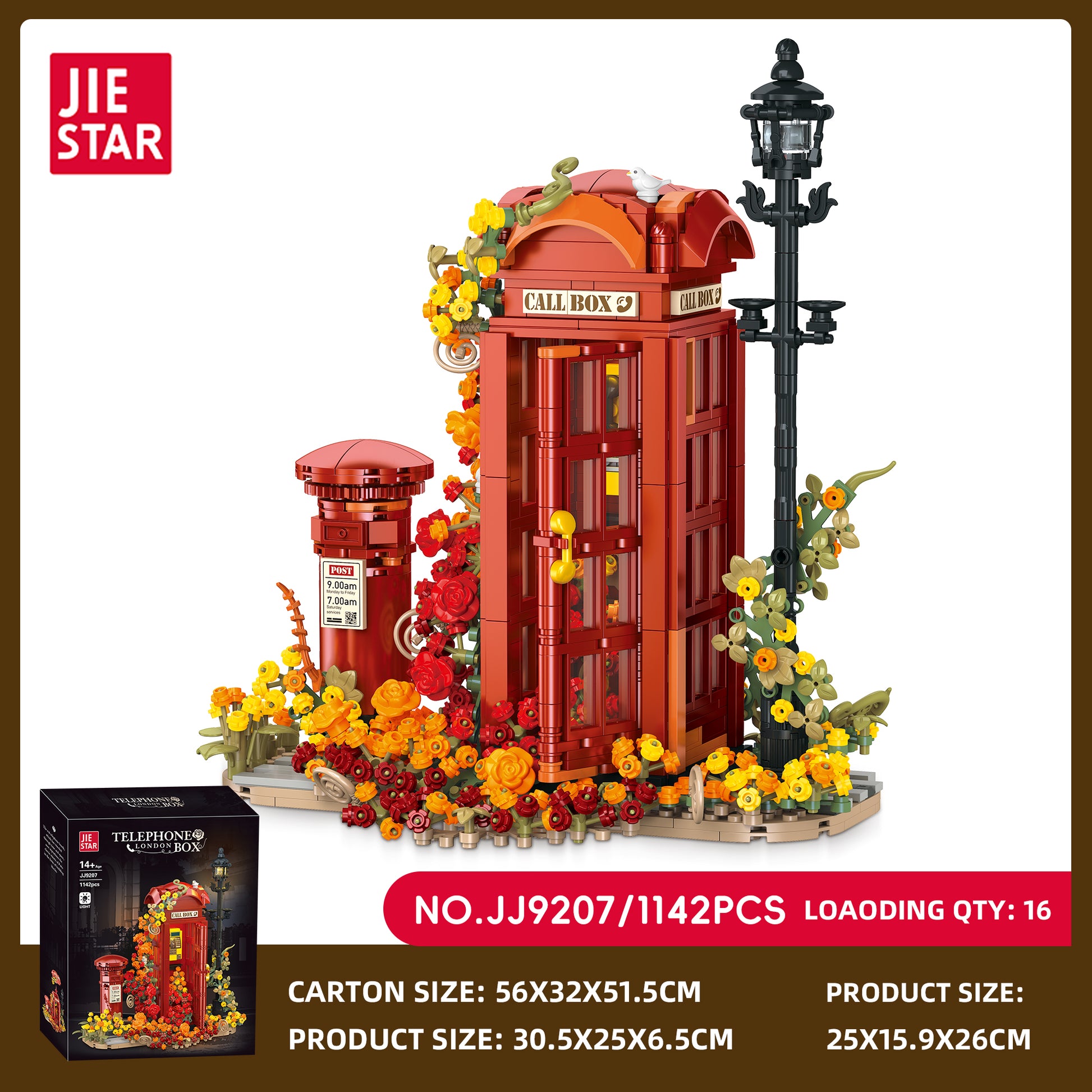 JIESTAR Retro British Red Telephone Booth [Including Lighting Accessories] Building Block Set SKU image - JJ9207-sku.jpg